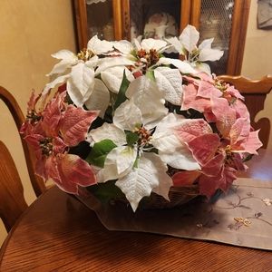 Faux Pink poinsetta floral arrangement in gold basket